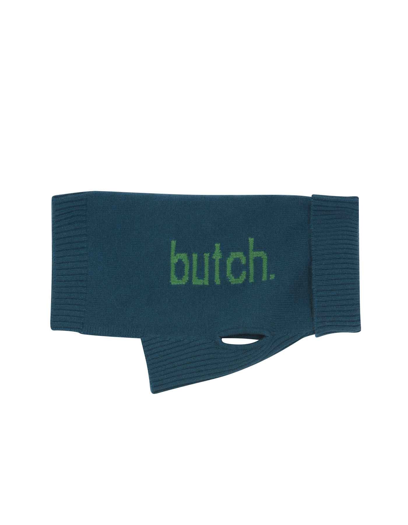Teal knitted dog sweater with 'butch.' text on a white background