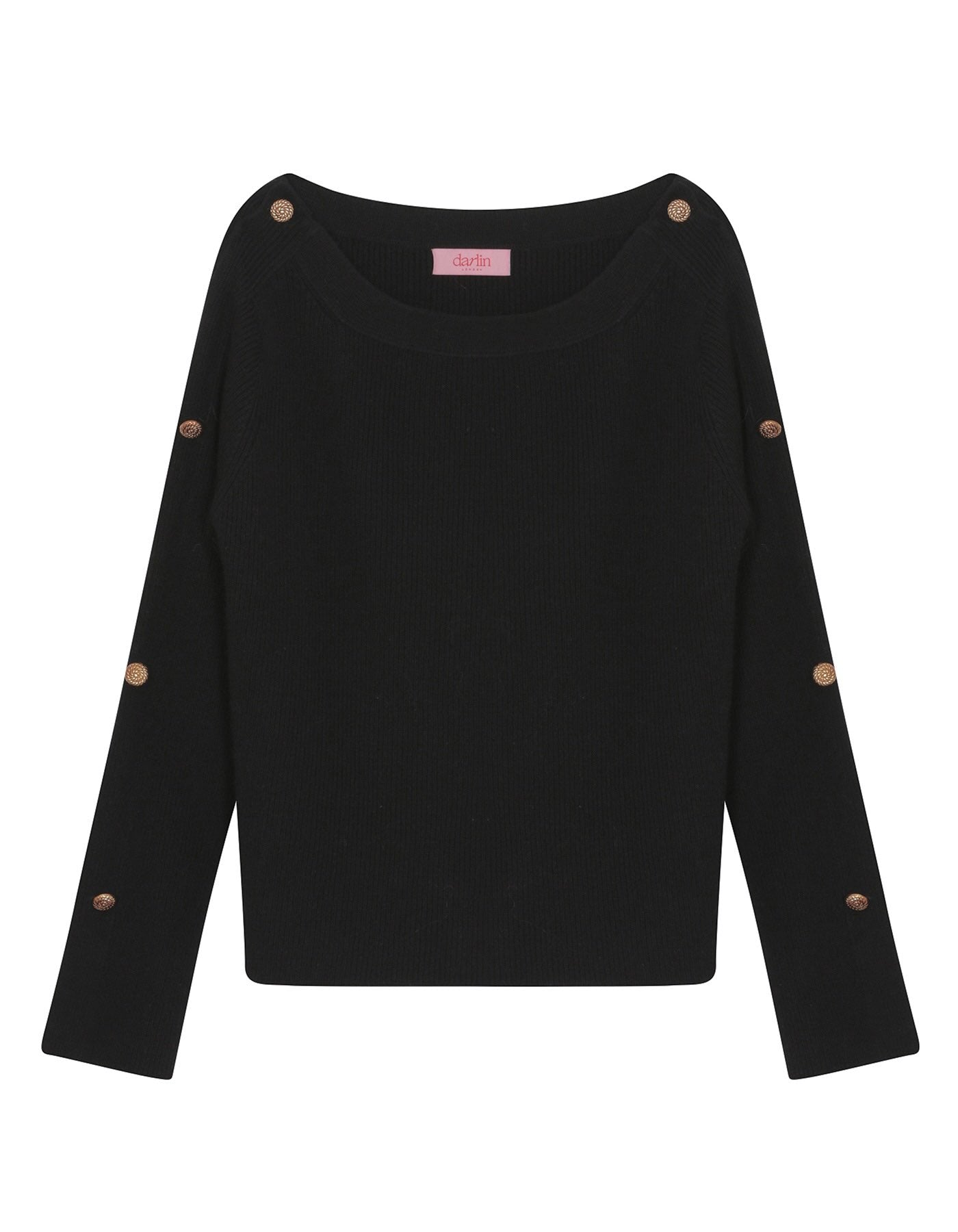 Black long-sleeve cashmere jumper with button details on a white background