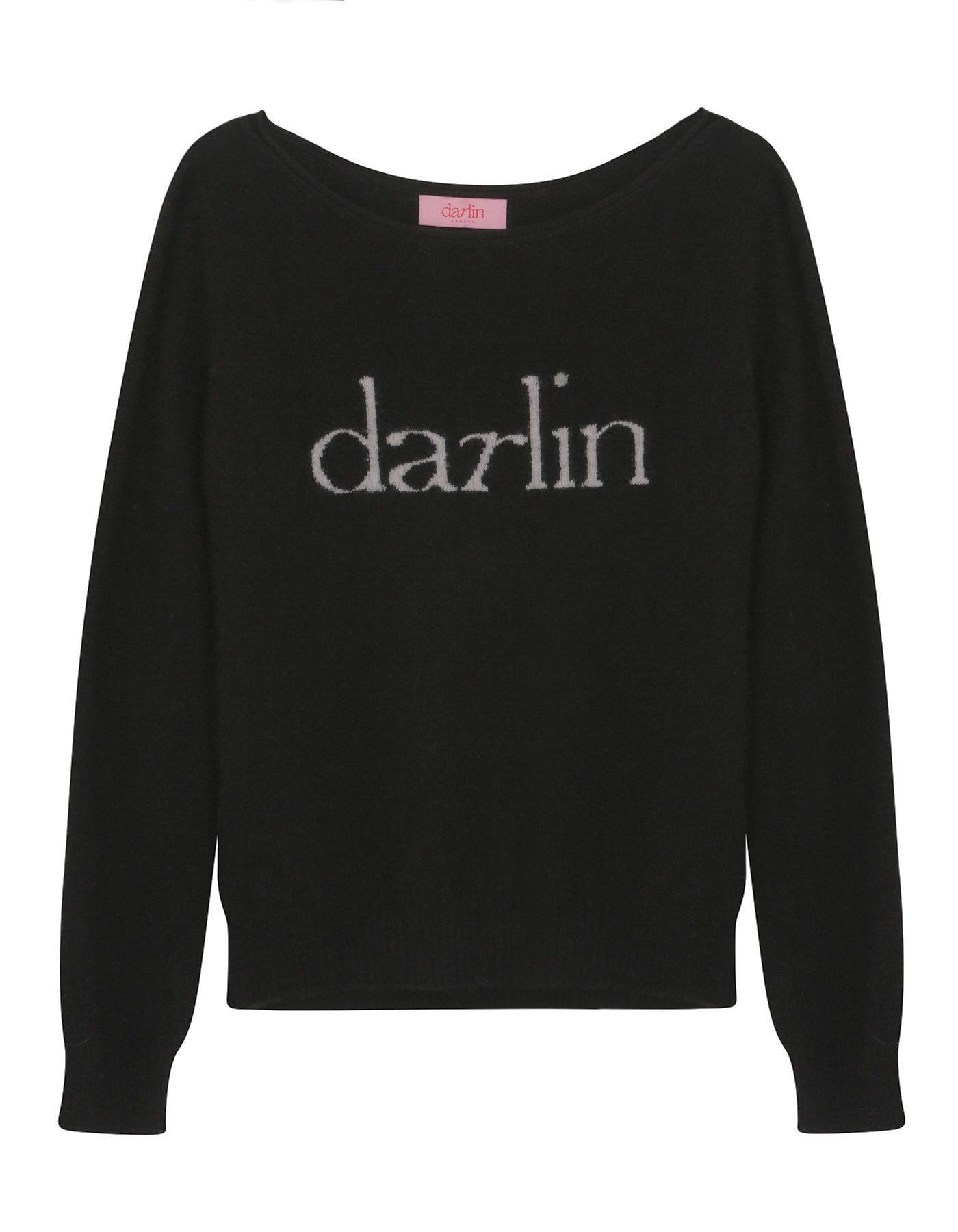 Black sweater with 'darlin' text on a white background