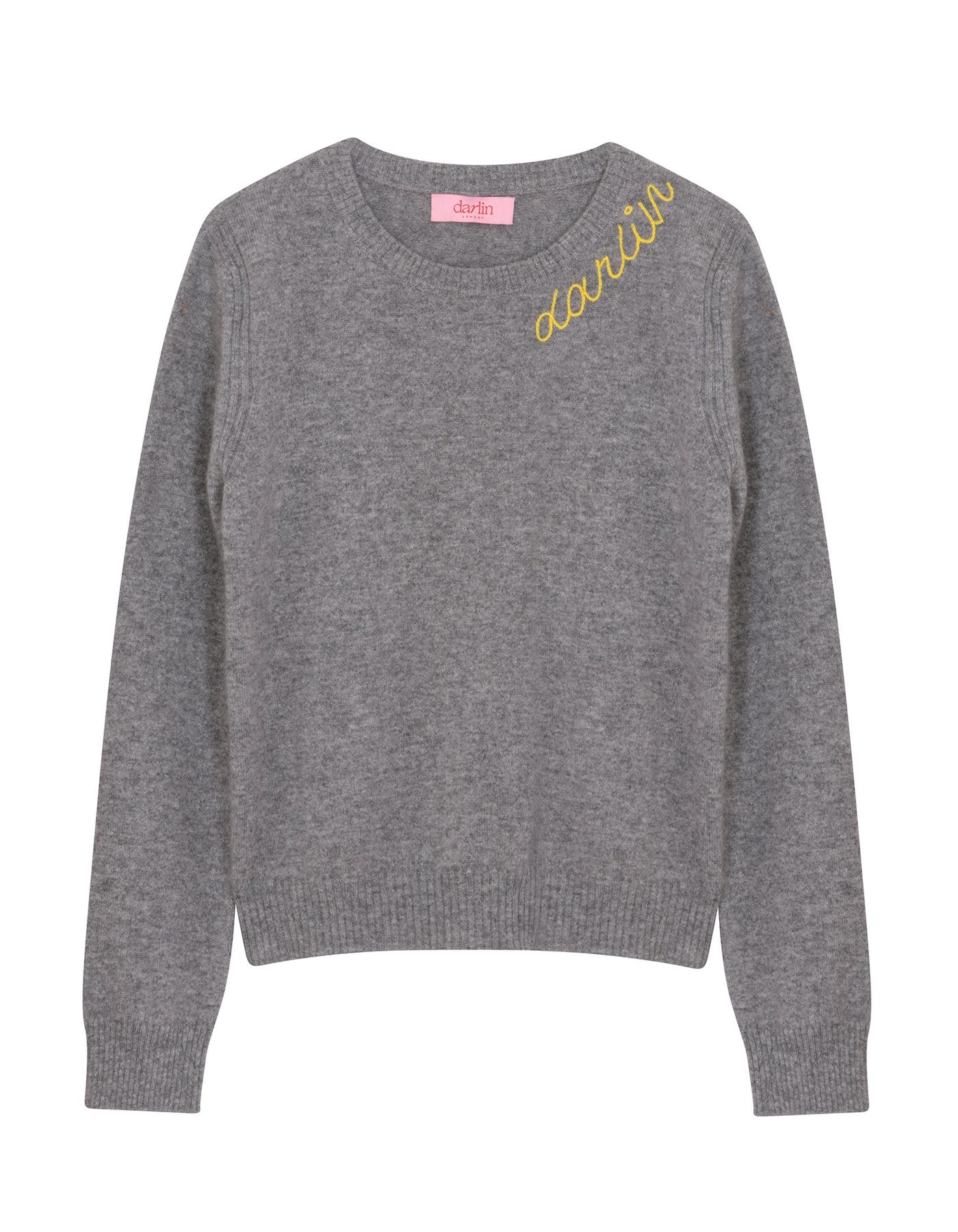 Grey sweater with 'Darlin' text ebroidery on a white background