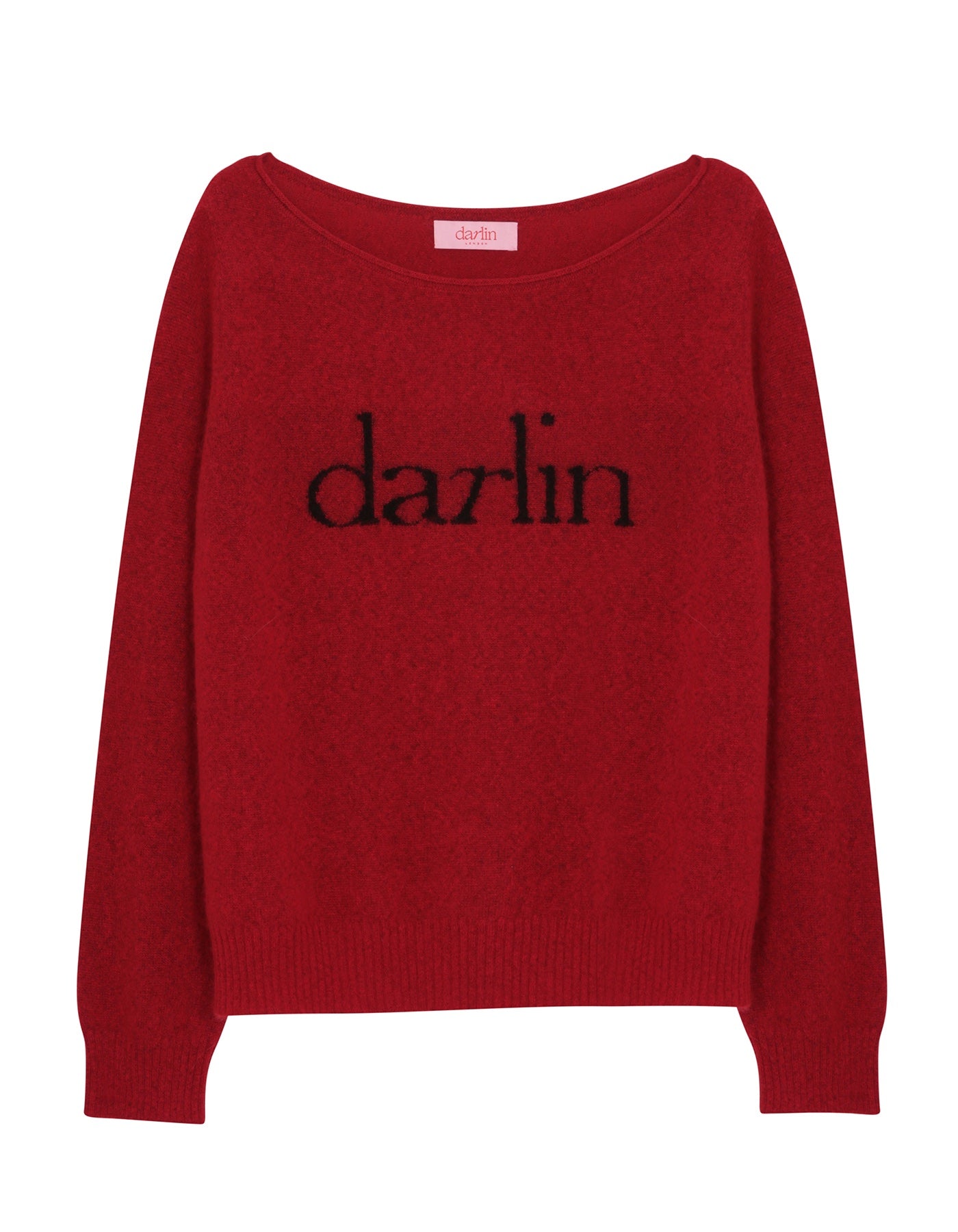 Red sweater with 'darlin' text on a white background