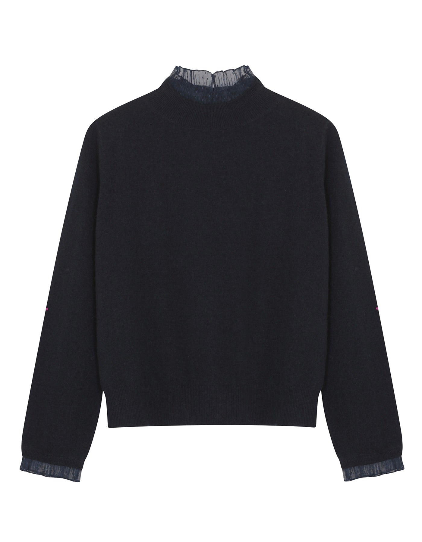 Navyblue sweater with lace trim on a white background