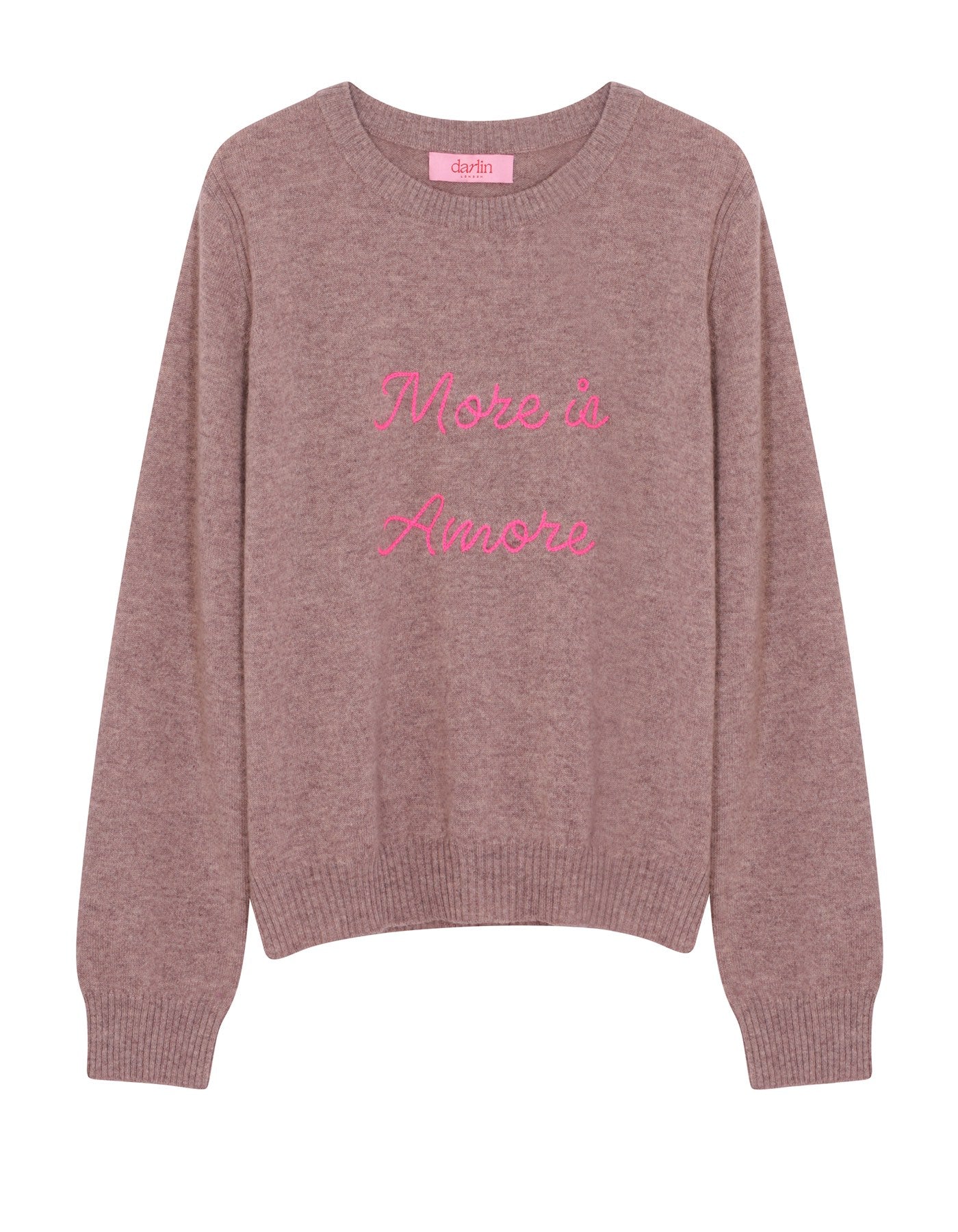 Beige sweater with 'More is Amore' pink text on a white background