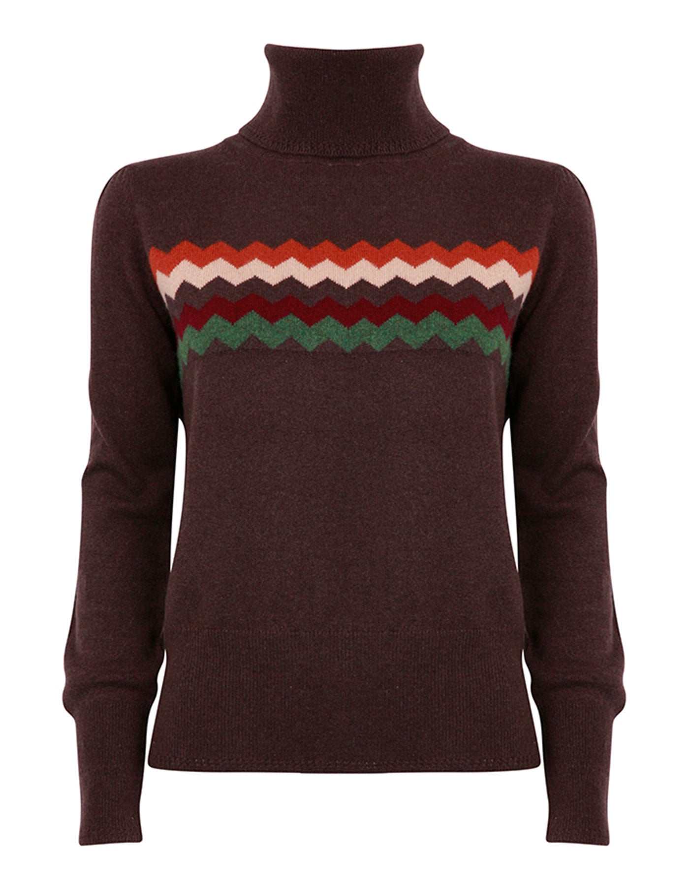 Image of malin darlin cashmere knitwear, the Zigzag chocolate cashmere jumper laid flat on a white background.