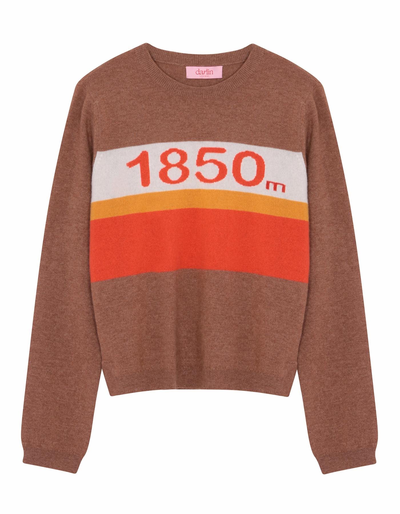 Brown sweater with '1850m' print on a white background