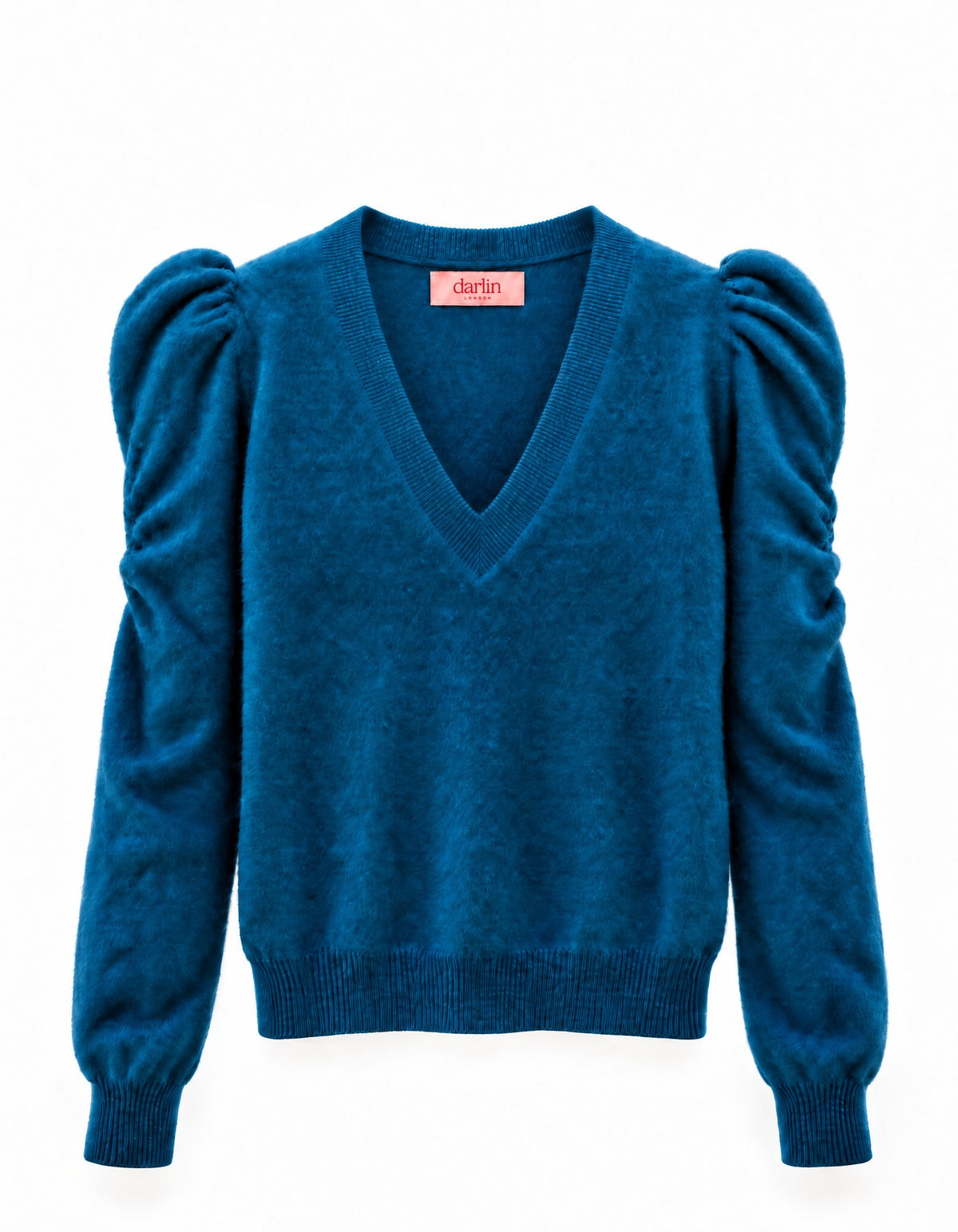 A teal blue knit sweater with a V-neckline and dramatic puffed balloon sleeves, shown flat against a white background. The brand label inside the collar reads 'darlin'.