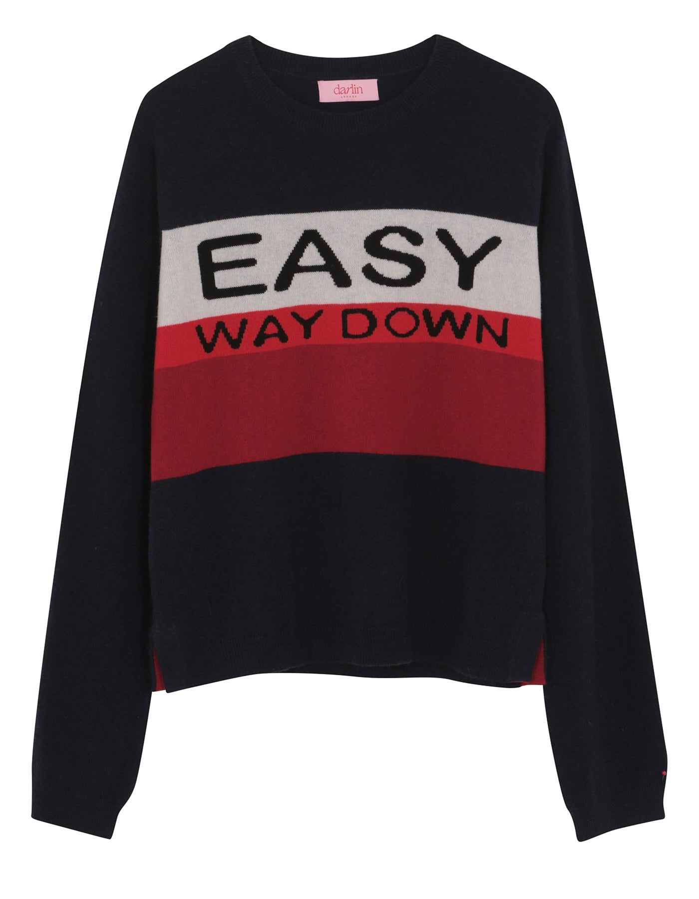 Navy blue sweater with 'EASY WAY DOWN' text on a white background
