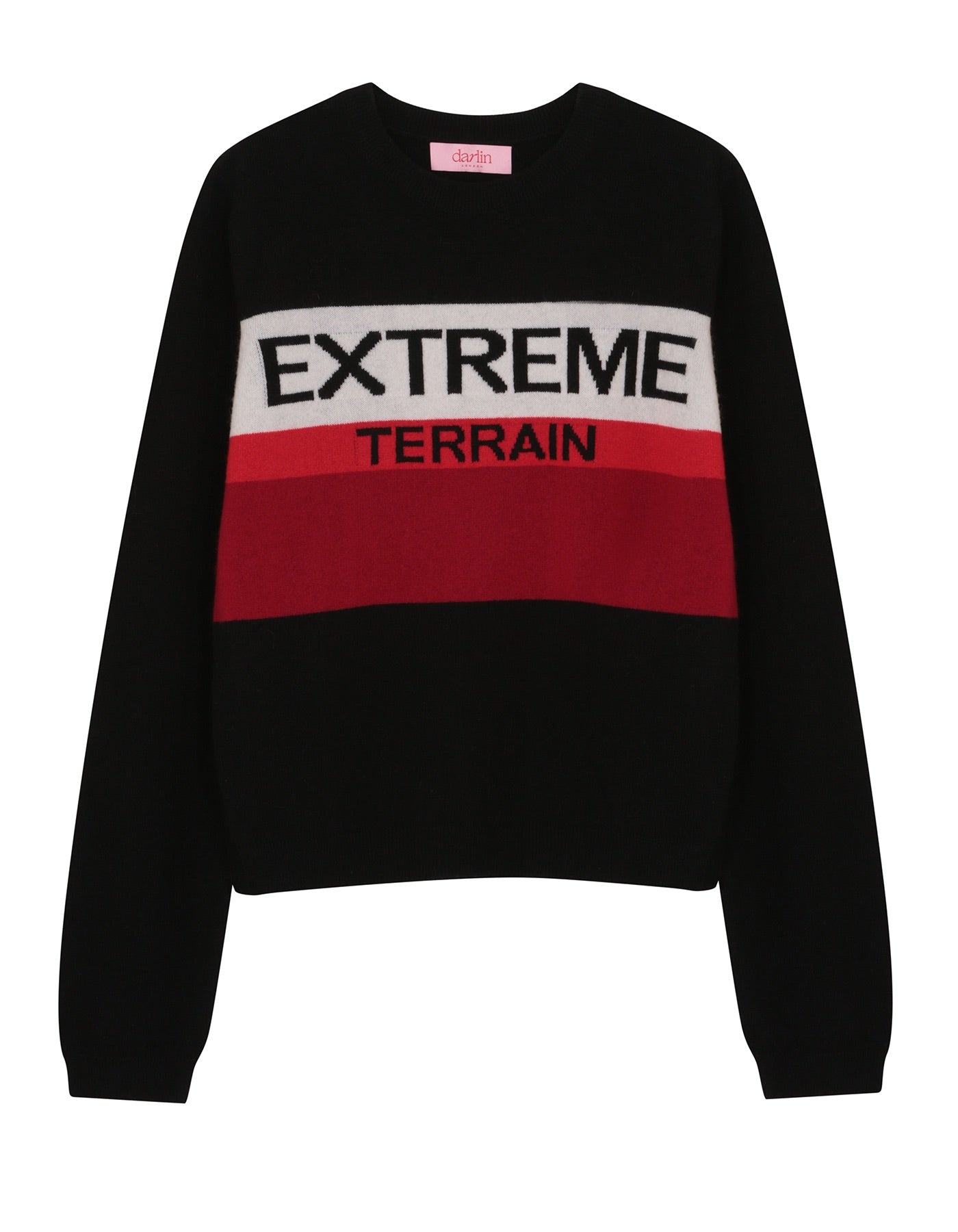 Black sweater with 'EXTREME TERRAIN' text on a white background