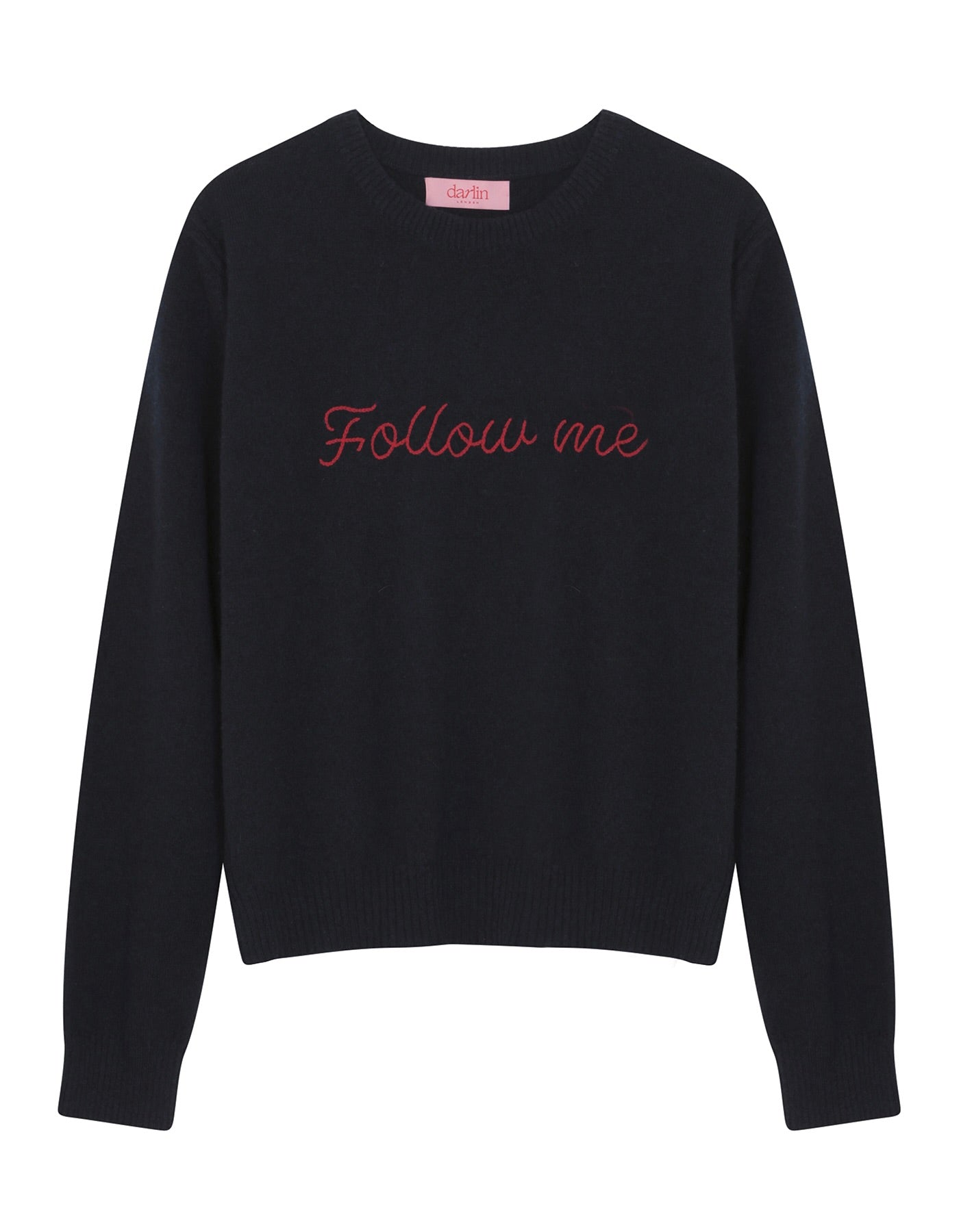 Navy blue sweater with 'Follow me' text on a white background