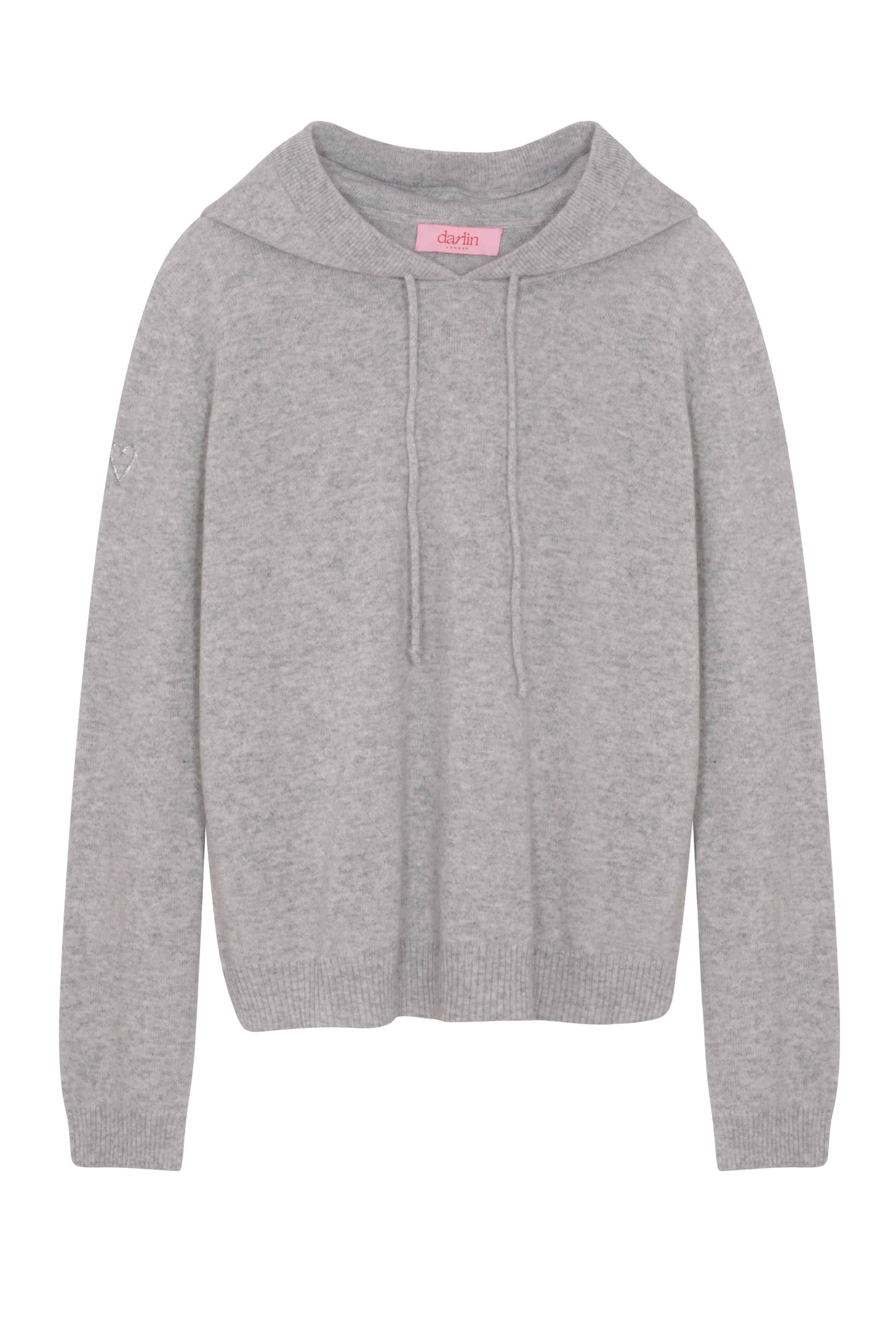 Grey hoodie with a pink tag on a white background