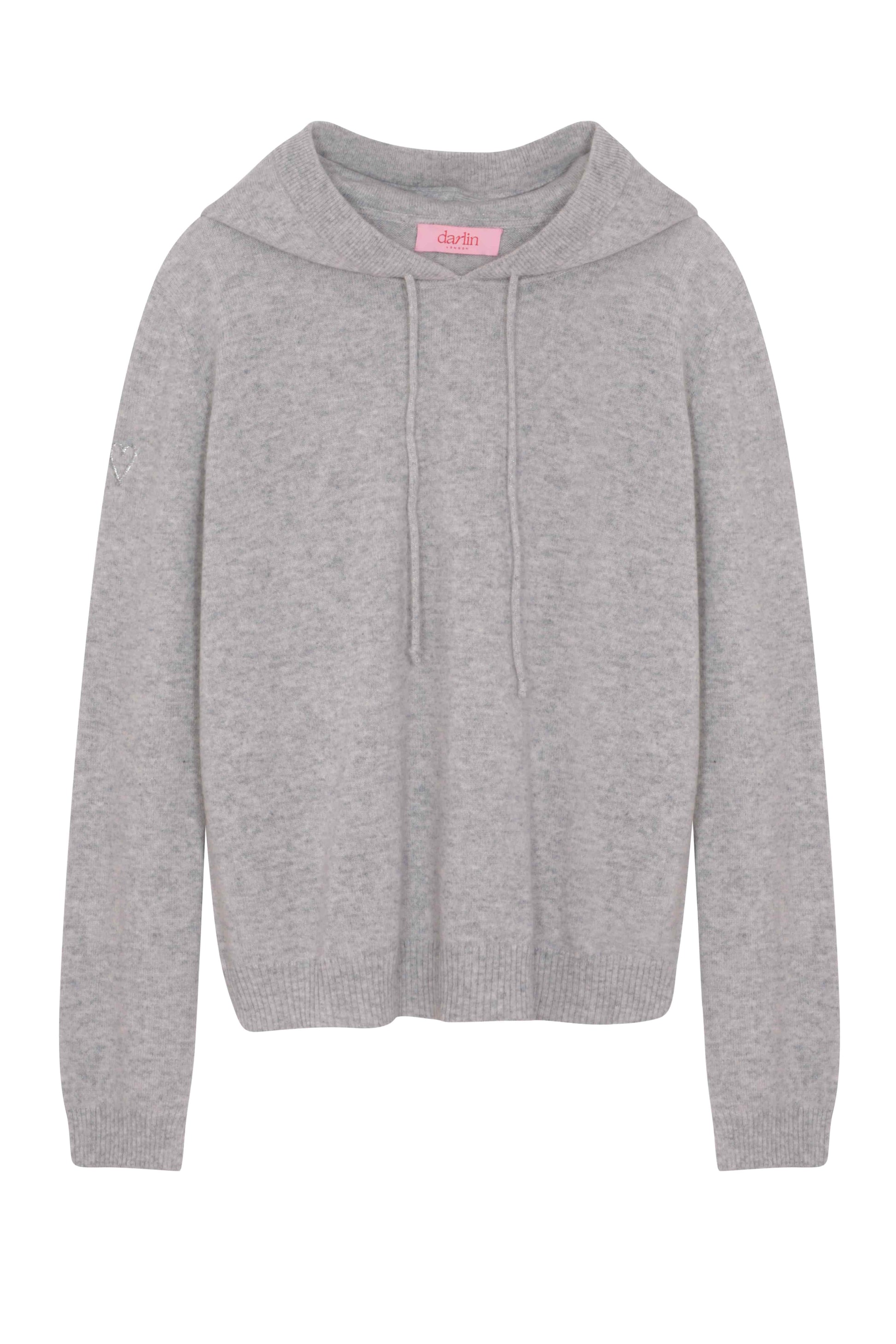 Grey hoodie with a pink tag on a white background