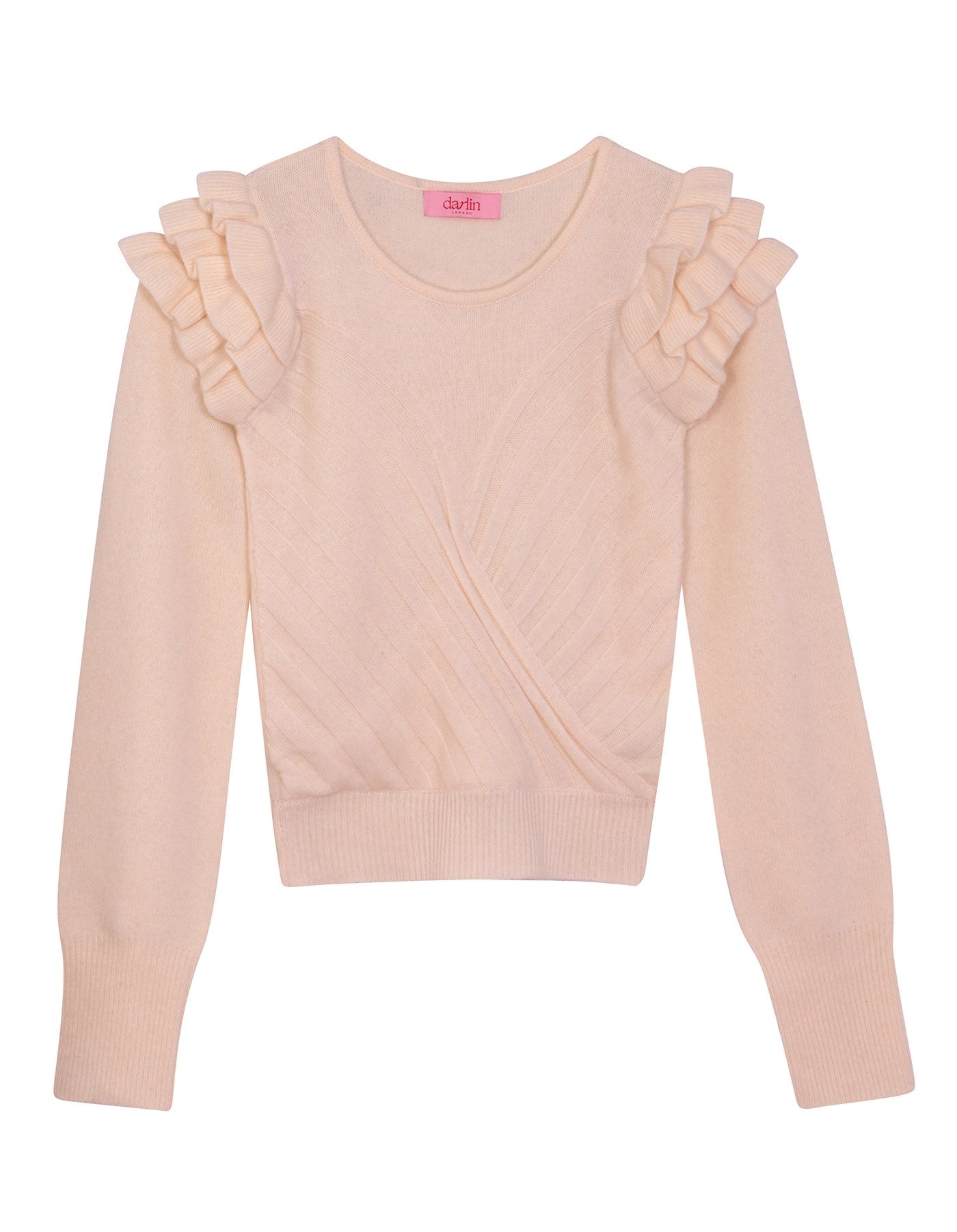 Cream sweater with ruffled shoulders on a white background
