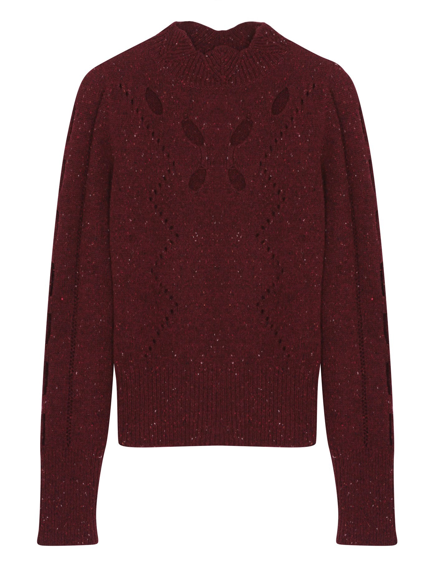 Maroon sweater with cut-out textured pattern on a white background