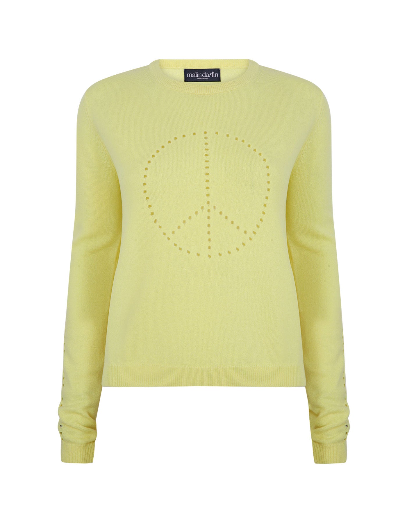 Image of designer cashmere knitwear, the malin darlin Peace cashmere jumper isolated on a white background.