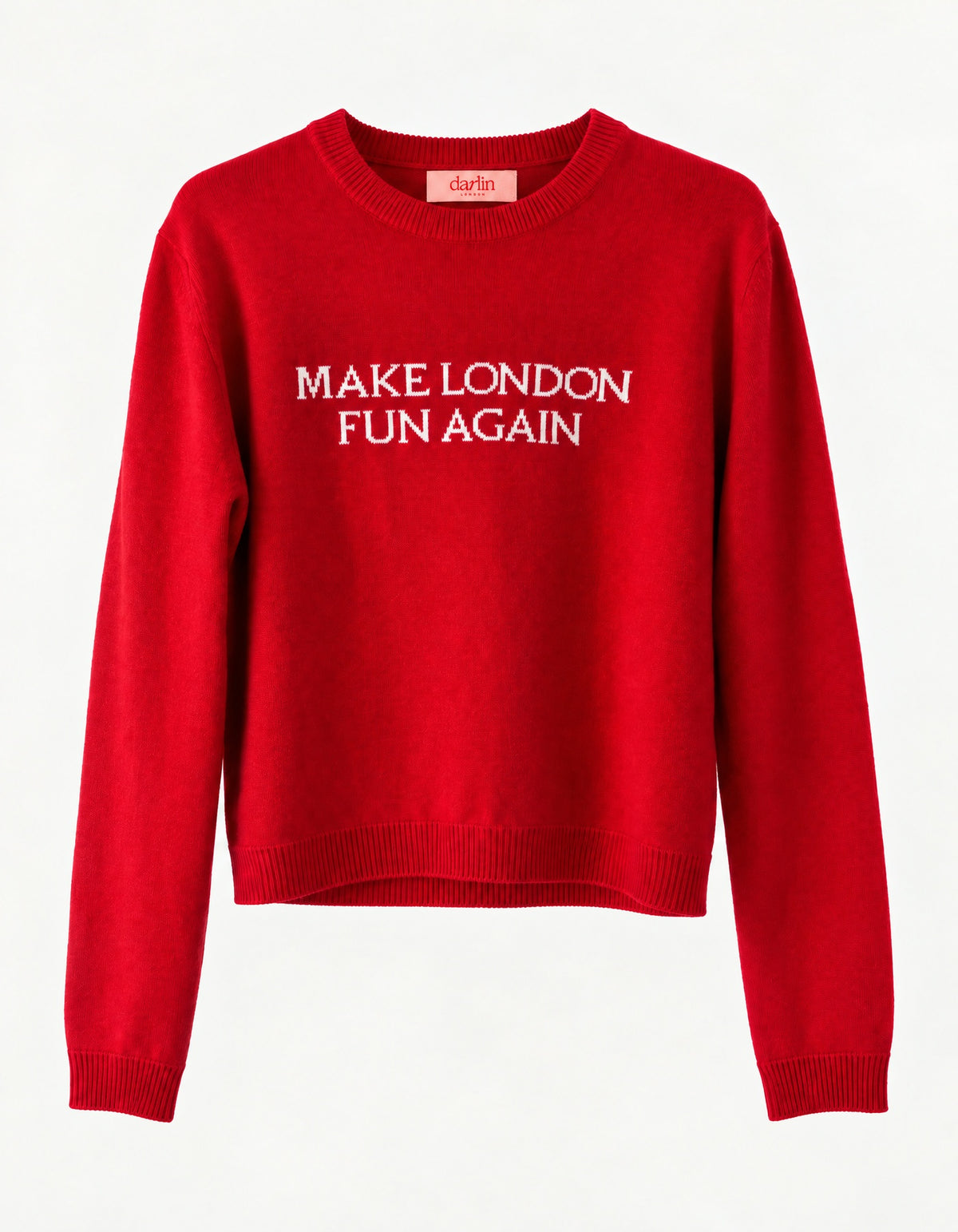A bright red crewneck sweater with the slogan 'MAKE LONDON FUN AGAIN' printed in white capital letters across the chest, displayed on a clean white background.