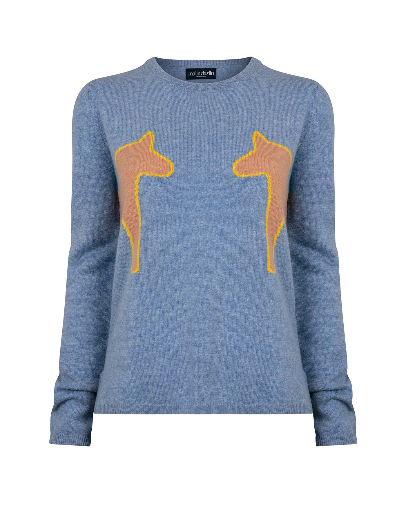 Image showing 2 pony blue cashmere jumpers, part of the malin darlin luxury cashmere, on a white background.