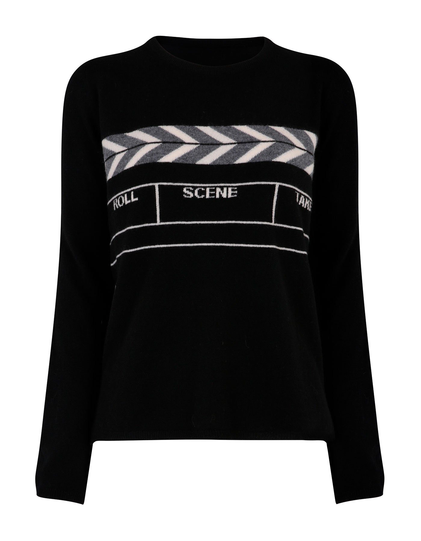 Designer knitwear, a malin darlin Scene womens cashmere jumper, laid flat on a white background.