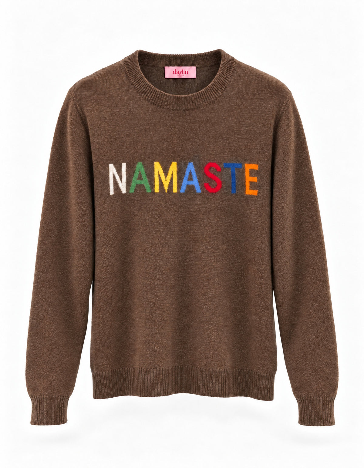 A brown crewneck sweater featuring the word 'NAMASTE' embroidered across the chest in multicolored letters, shown against a plain white background.