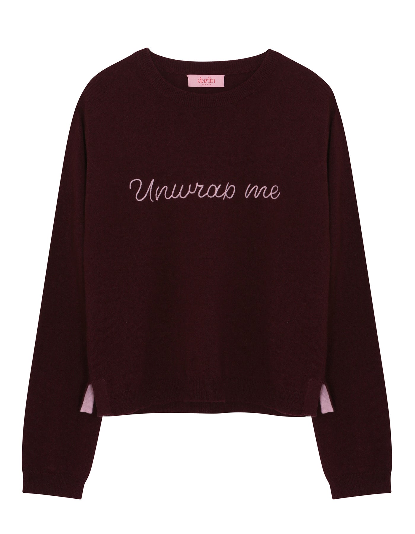 Burgundy colour cashmere jumper with 'Unwrap me' text on a white background